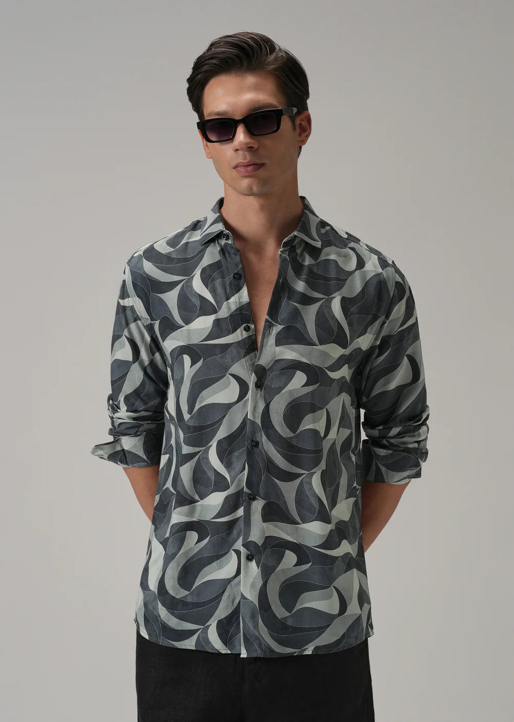 Casual Long Sleeve Grey Shirt Featuring All-Over Swirl Pattern