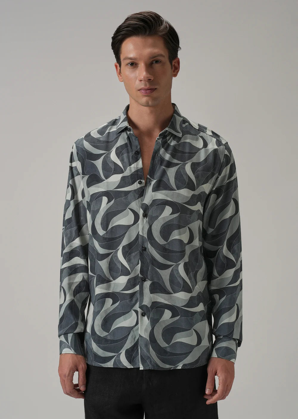 Casual Long Sleeve Grey Shirt Featuring All-Over Swirl Pattern