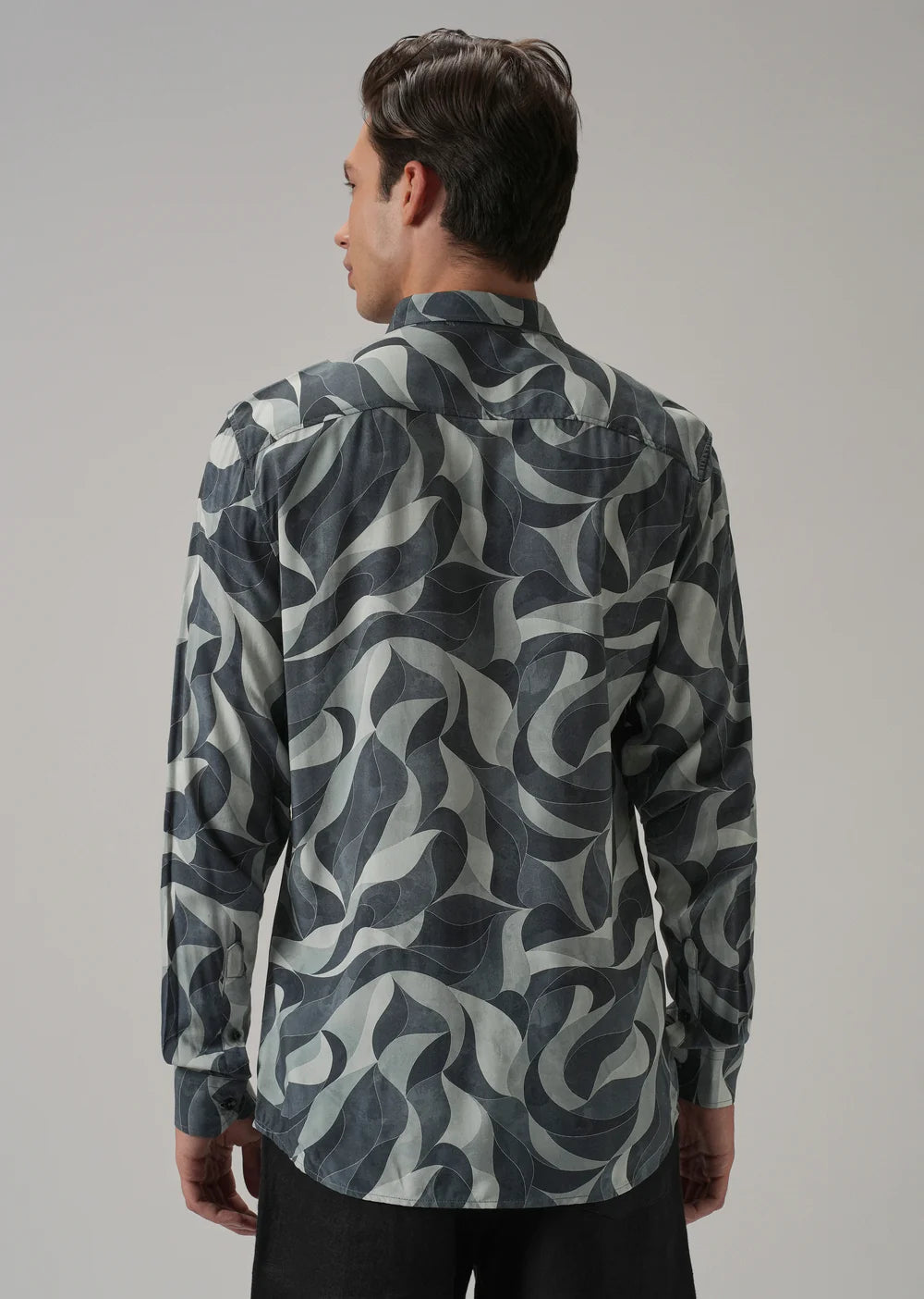 Casual Long Sleeve Grey Shirt Featuring All-Over Swirl Pattern