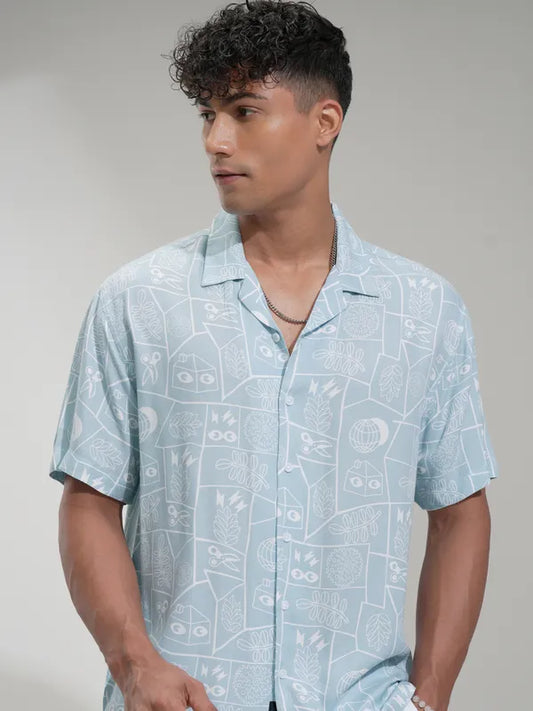 Casual Mens Blue Printed Shirt Relaxed Fit Comfortable Stylish All Day Shirt