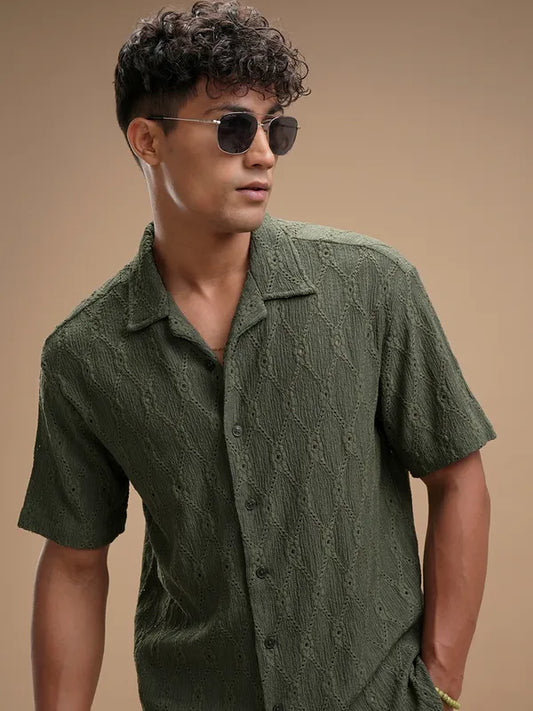 Green Self Design Relaxed Fit Casual Shirt for Men Soft Lightweight Comfortable Shirt