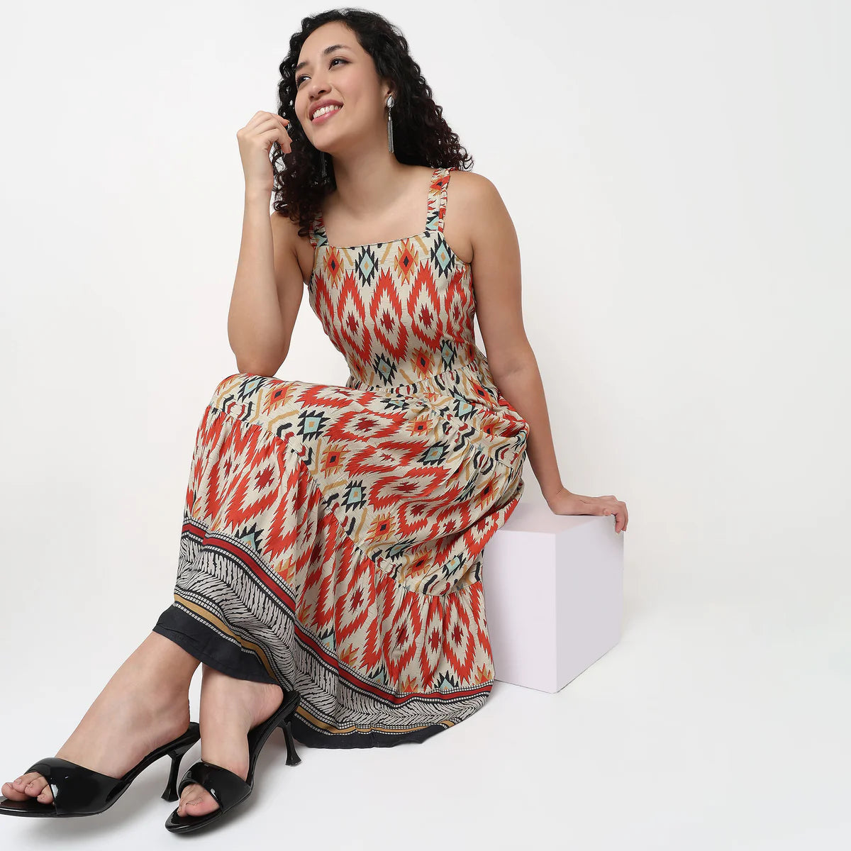 Comfortable Women’s Strappy Printed Dress with Tiered Layers