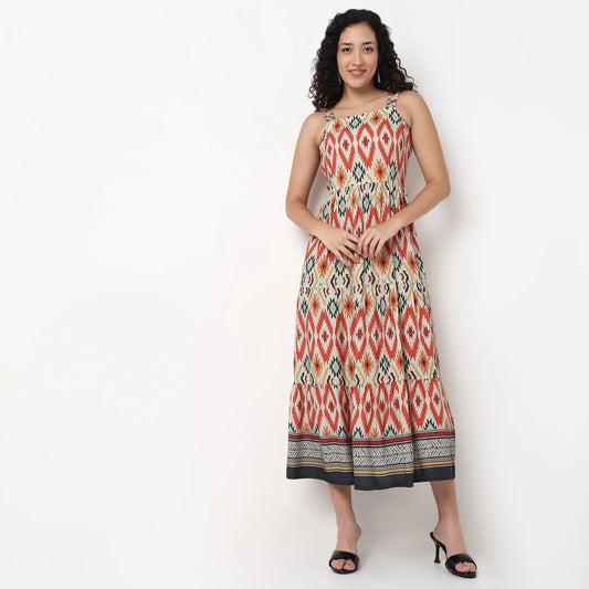 Comfortable Women’s Strappy Printed Dress with Tiered Layers