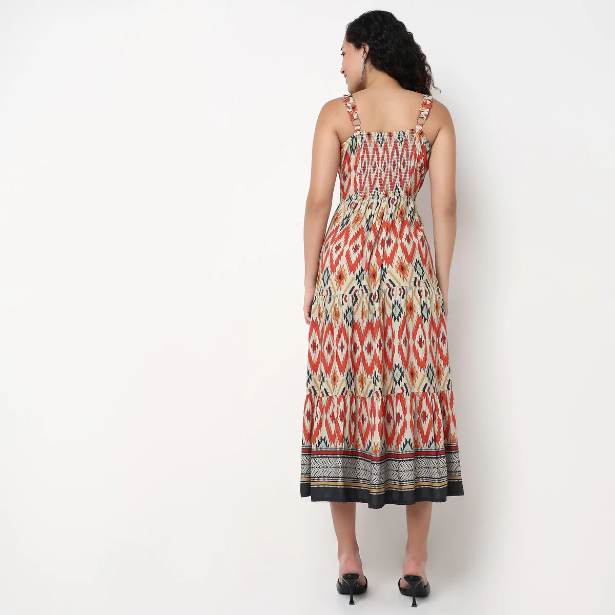 Comfortable Women’s Strappy Printed Dress with Tiered Layers