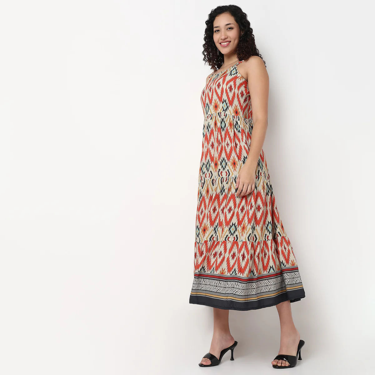 Comfortable Women’s Strappy Printed Dress with Tiered Layers