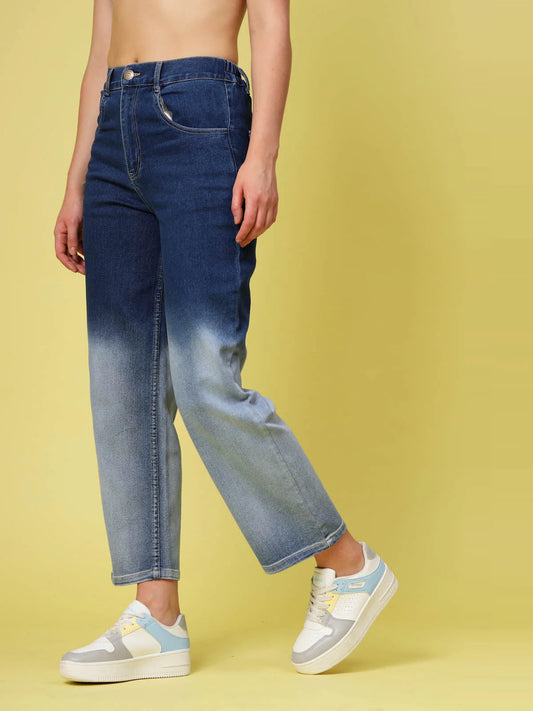 Comfortable Stretchable Blue Low Distress Heavy Fade Jeans for Women
