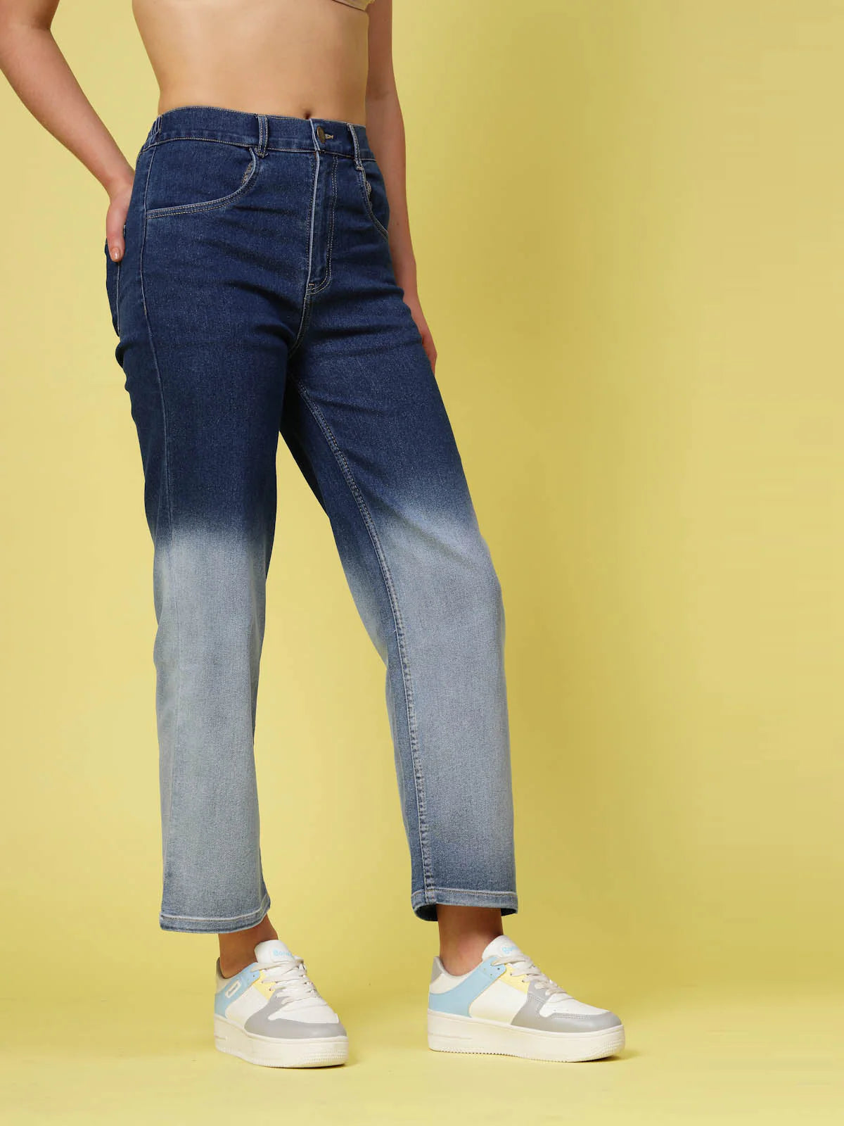 Comfortable Stretchable Blue Low Distress Heavy Fade Jeans for Women