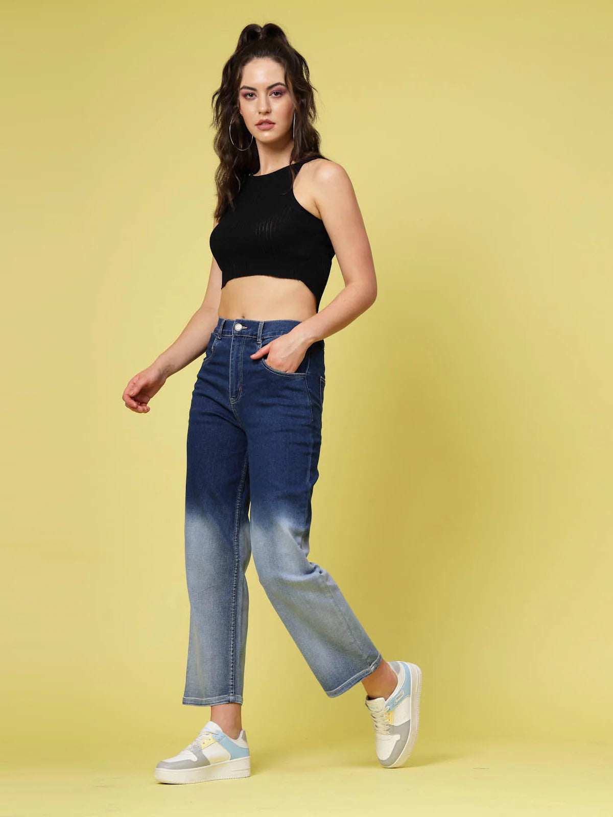 Comfortable Stretchable Blue Low Distress Heavy Fade Jeans for Women