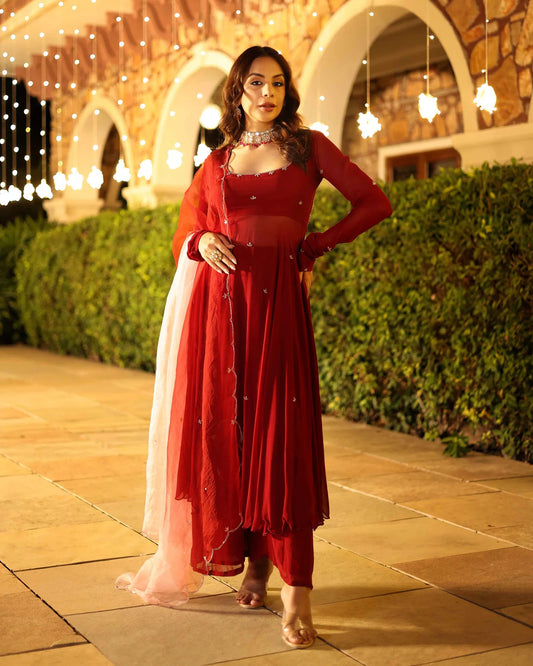 Designer Maroon Blush Embroidered Georgette Anarkali Suit Set with Intricate Detailing