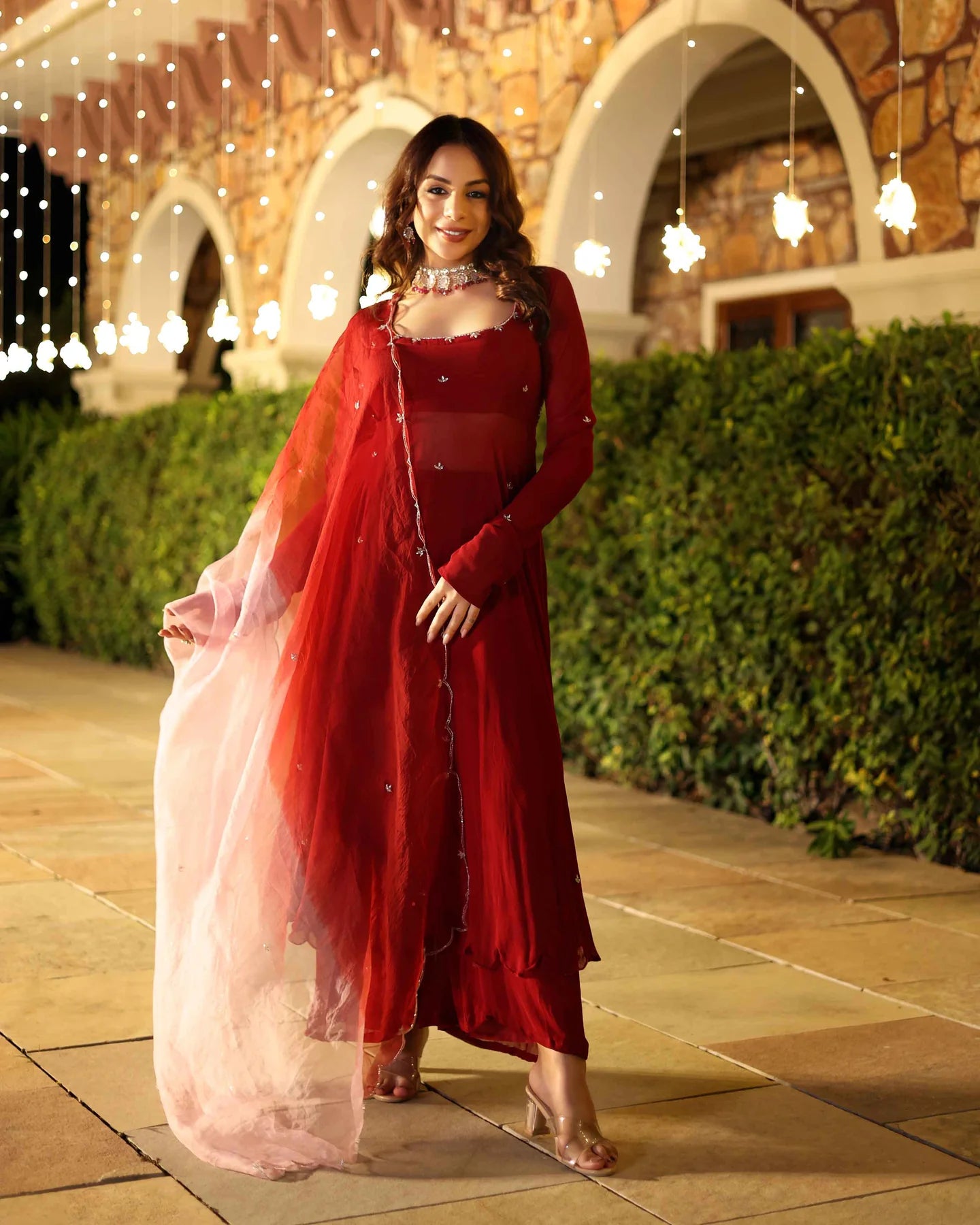 Designer Maroon Blush Embroidered Georgette Anarkali Suit Set with Intricate Detailing