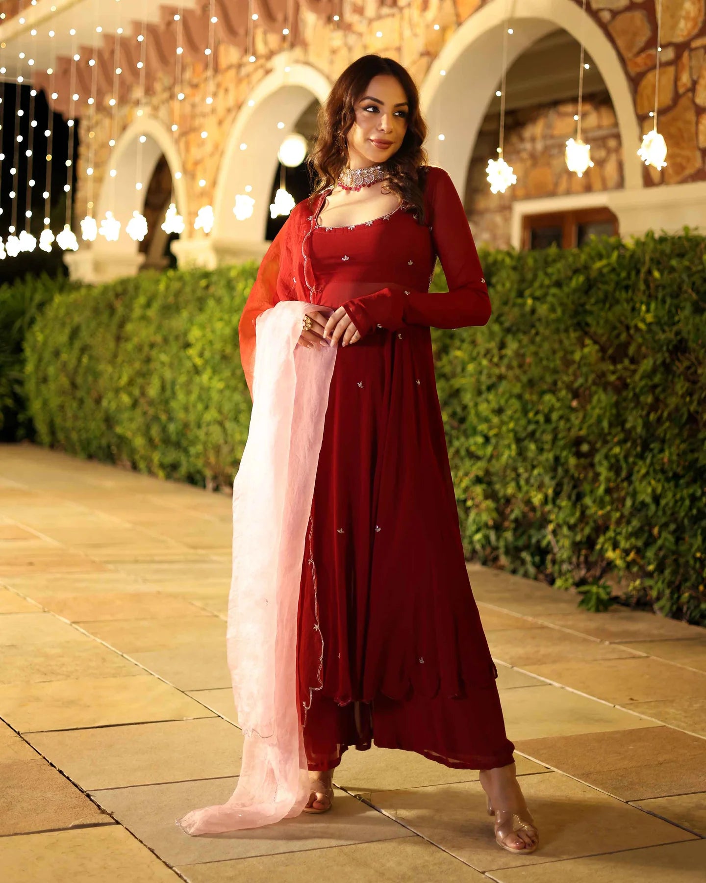 Designer Maroon Blush Embroidered Georgette Anarkali Suit Set with Intricate Detailing