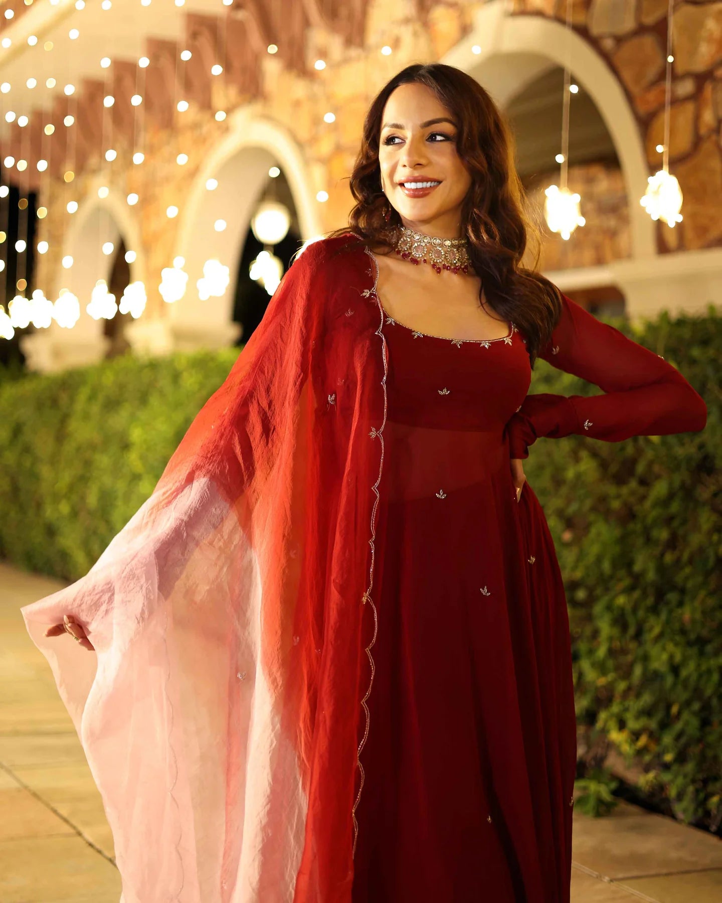 Designer Maroon Blush Embroidered Georgette Anarkali Suit Set with Intricate Detailing