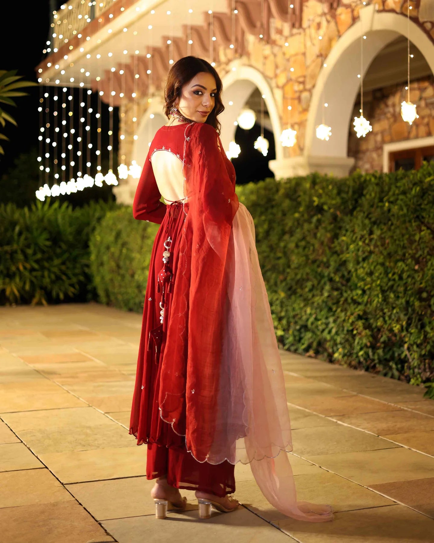 Designer Maroon Blush Embroidered Georgette Anarkali Suit Set with Intricate Detailing