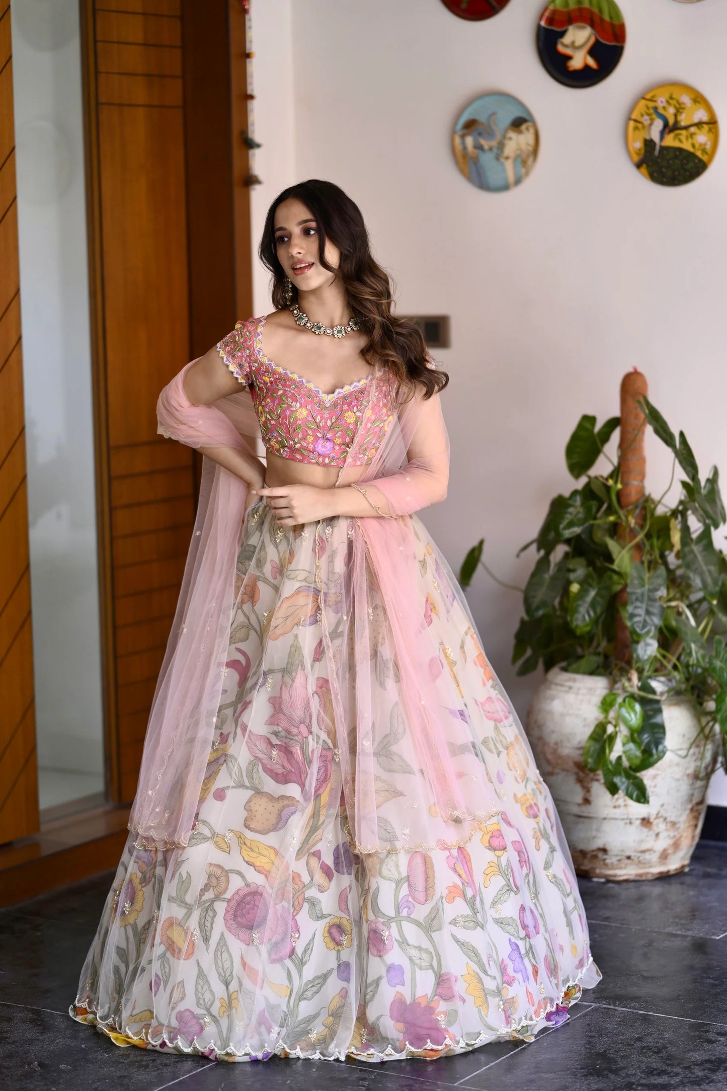 Womens Pink and Cream Pen Kalamkari Lehenga in Organza Silk