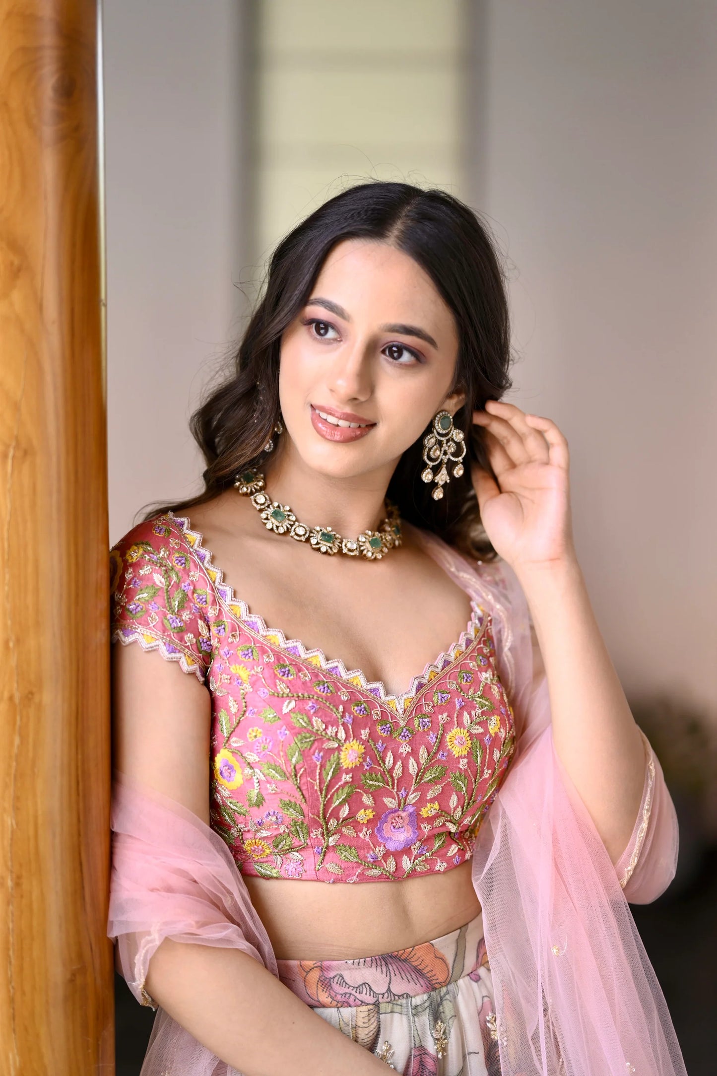 Womens Pink and Cream Pen Kalamkari Lehenga in Organza Silk