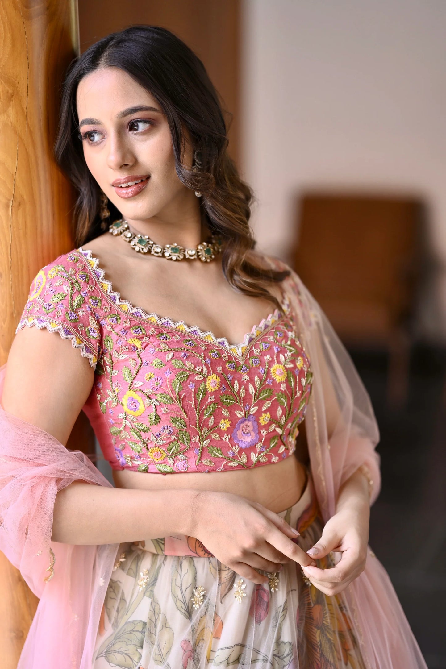 Womens Pink and Cream Pen Kalamkari Lehenga in Organza Silk