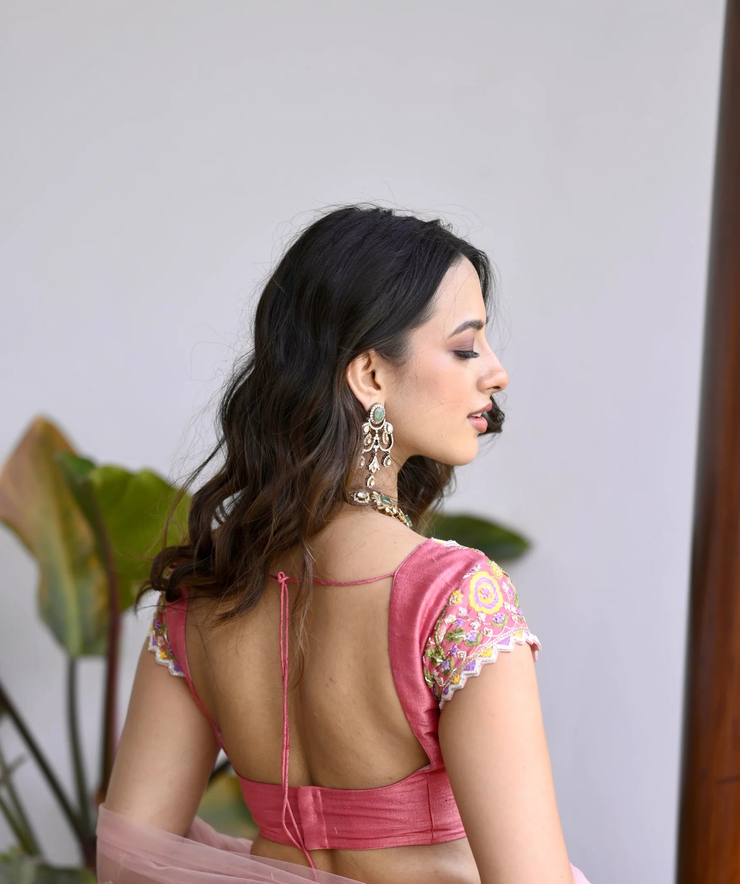Womens Pink and Cream Pen Kalamkari Lehenga in Organza Silk