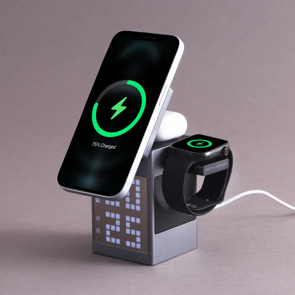 Smart Pixel Dock with Wireless Charger, Clock Function, and Speaker