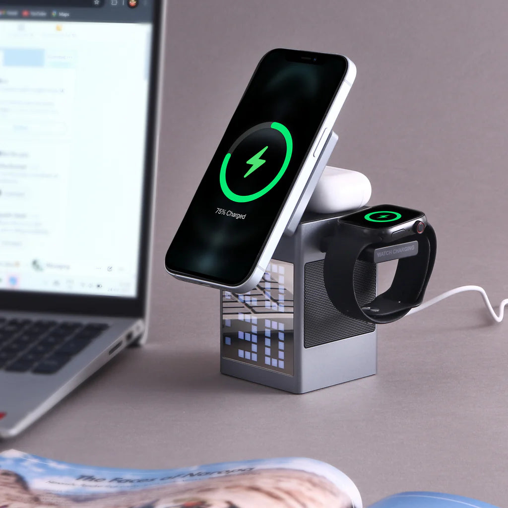 Smart Pixel Dock with Wireless Charger, Clock Function, and Speaker