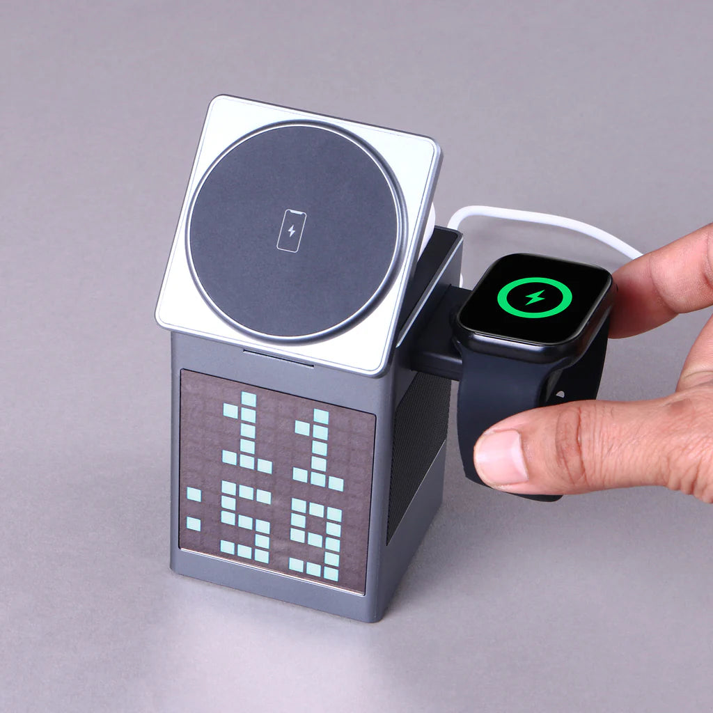 Smart Pixel Dock with Wireless Charger, Clock Function, and Speaker