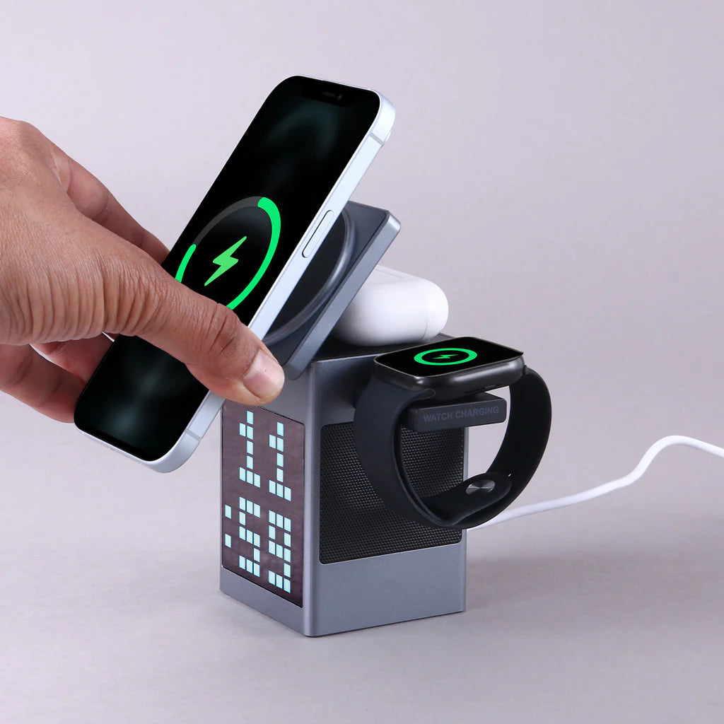 Smart Pixel Dock with Wireless Charger, Clock Function, and Speaker