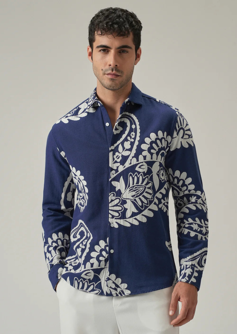 Relaxed Fit Indigo Shirt with Elegant Paisley Print