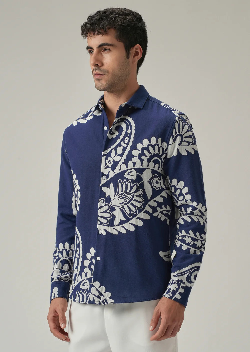 Relaxed Fit Indigo Shirt with Elegant Paisley Print