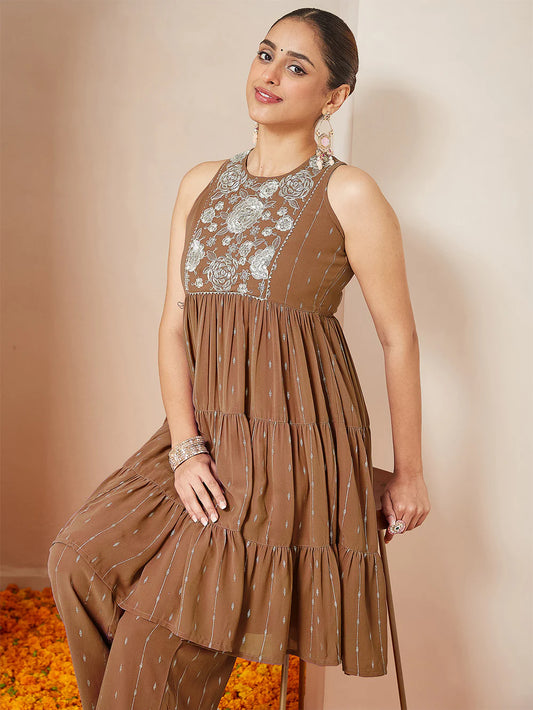 Brown Georgette Designer Tiered Kurta with Palazzo for Special Occasions