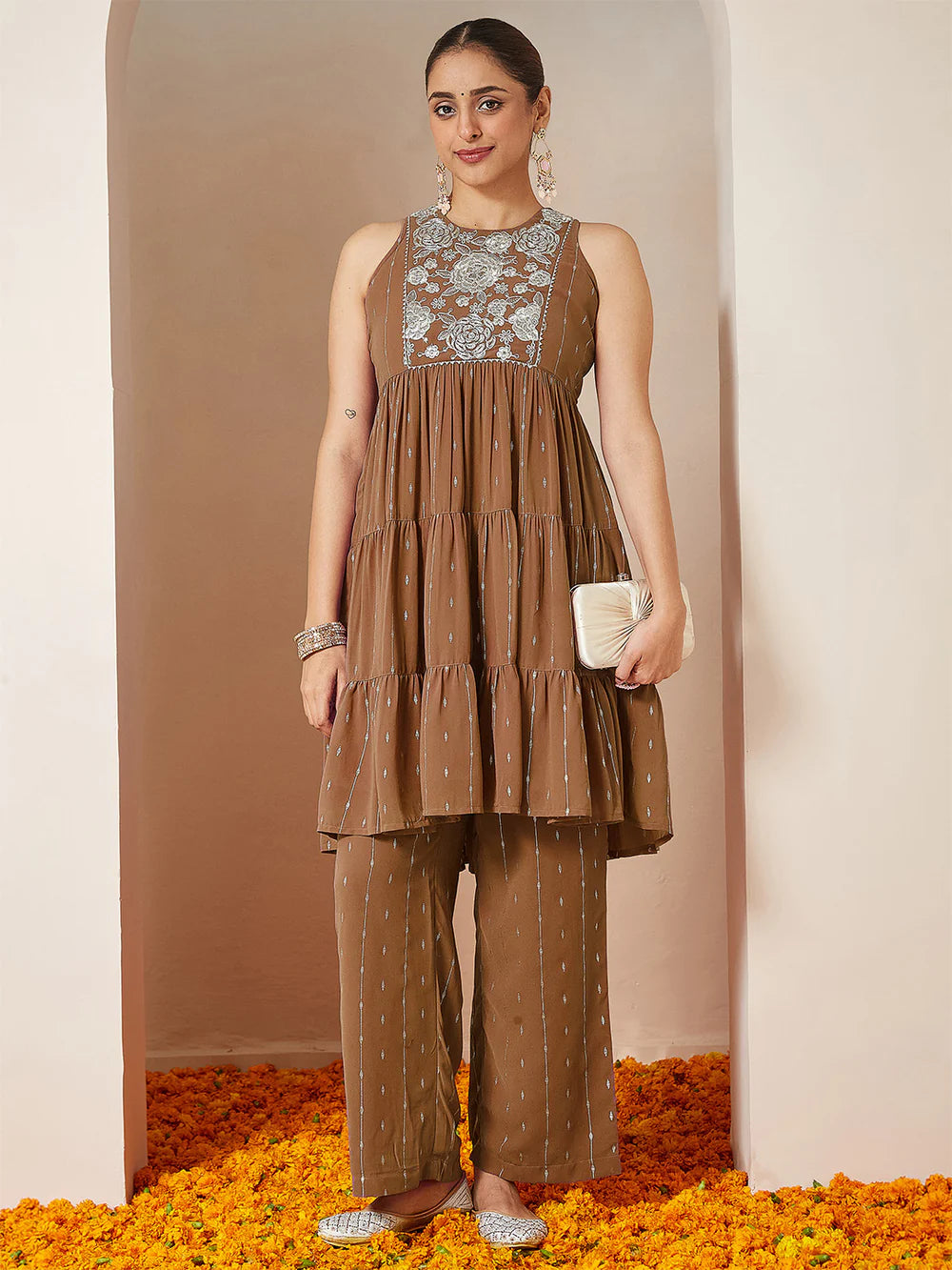 Brown Georgette Designer Tiered Kurta with Palazzo for Special Occasions