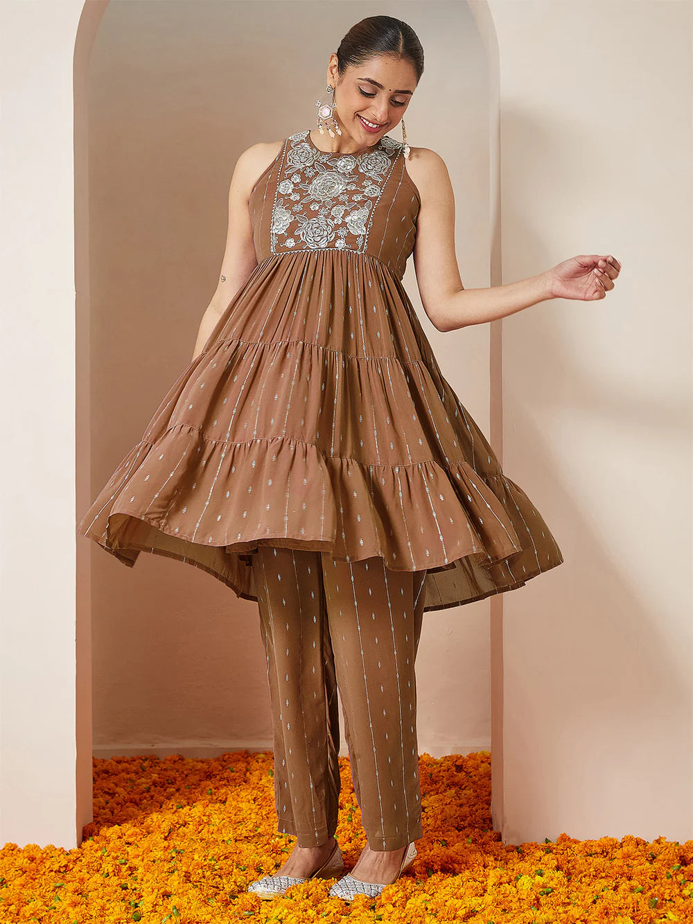 Brown Georgette Designer Tiered Kurta with Palazzo for Special Occasions