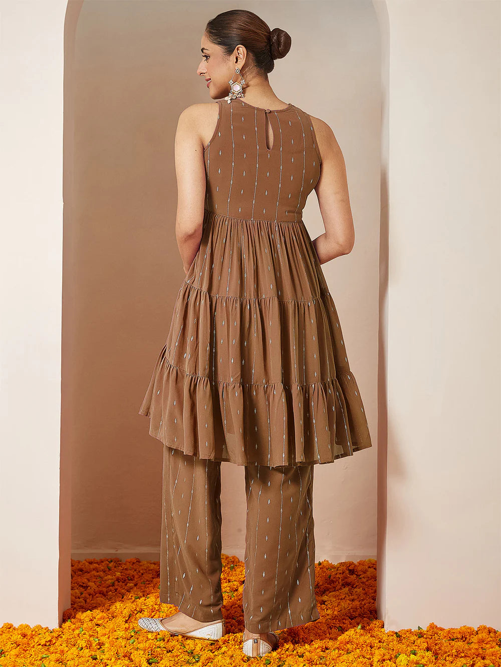 Brown Georgette Designer Tiered Kurta with Palazzo for Special Occasions