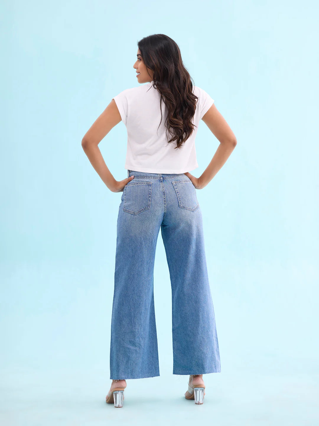 Casual Light Blue Denim Wide Jeans with Relaxed Fit for Women