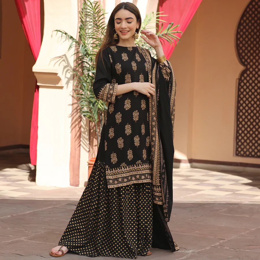 Women Black Festive Gold Gharara Kurta Set with Dupatta Festive and Ethnic Outfit