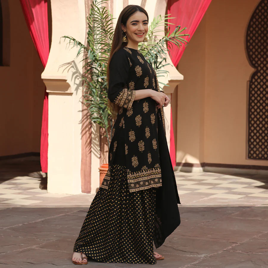 Women Black Festive Gold Gharara Kurta Set with Dupatta Festive and Ethnic Outfit