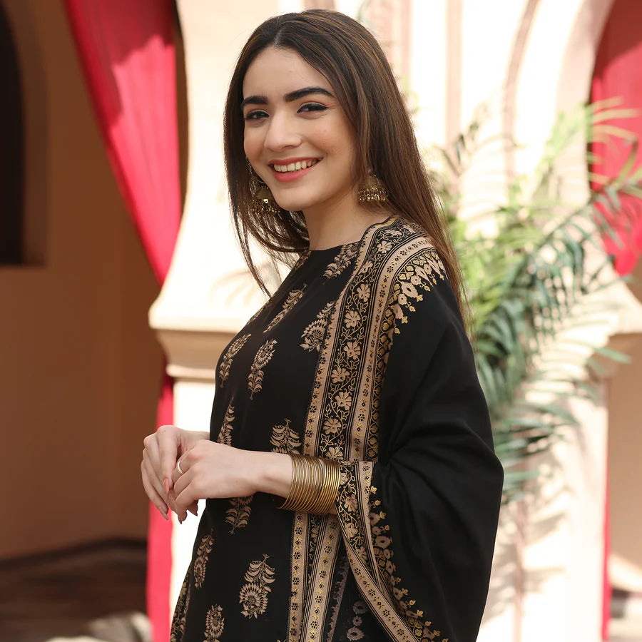 Women Black Festive Gold Gharara Kurta Set with Dupatta Festive and Ethnic Outfit