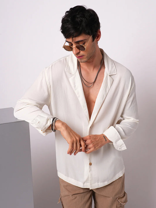 Pure White Hue Crinkled Lapel Collar Oversized Shirt for Men Soft Lightweight Everyday Shirt