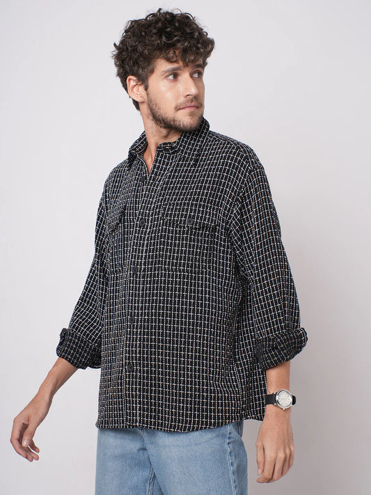 Mens Black Double Pocket Sculpted Checks Overshirt