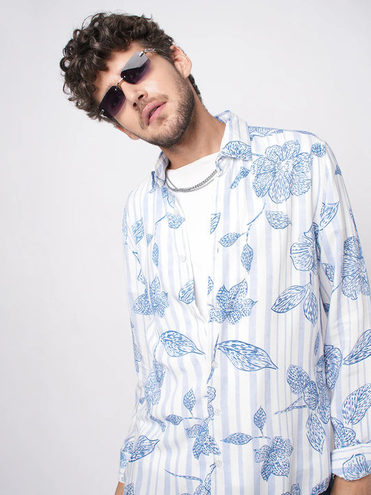 Mens White and Blue Striped Floral Printed Shirt Comfortable Stylish Casual Wear