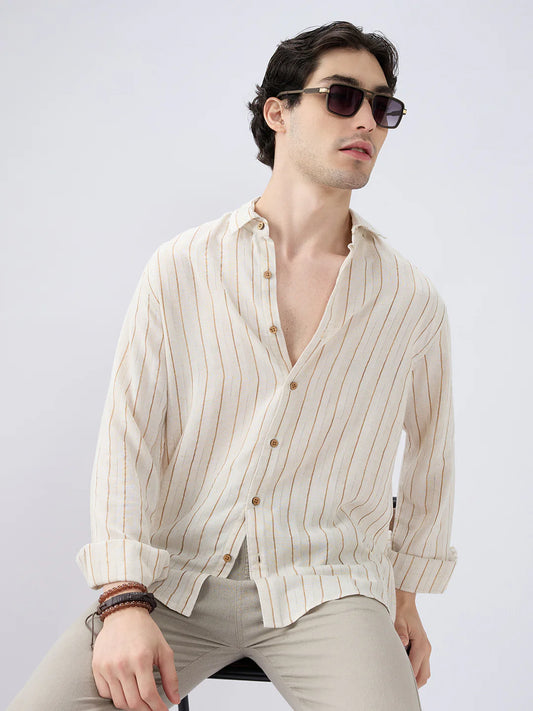 Classic Grainy Beige Striped Linen Blend Shirt for Men Lightweight Breathable Stylish Summer Casual Shirt