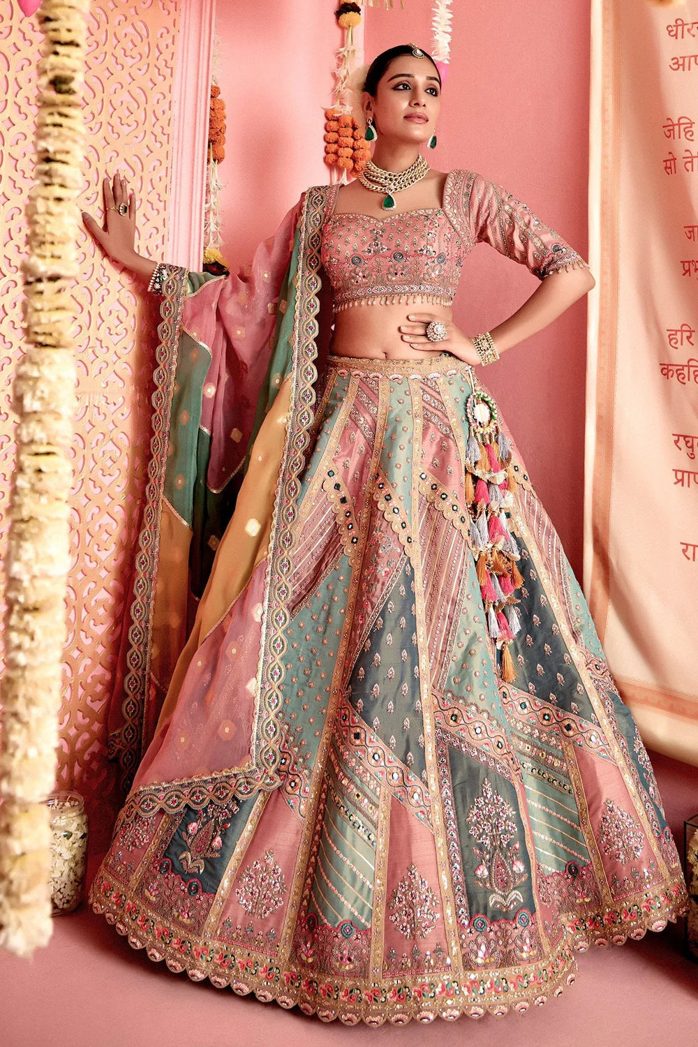 Multi Colored Tissue Designer Lehenga with Handcrafted Patch Work
