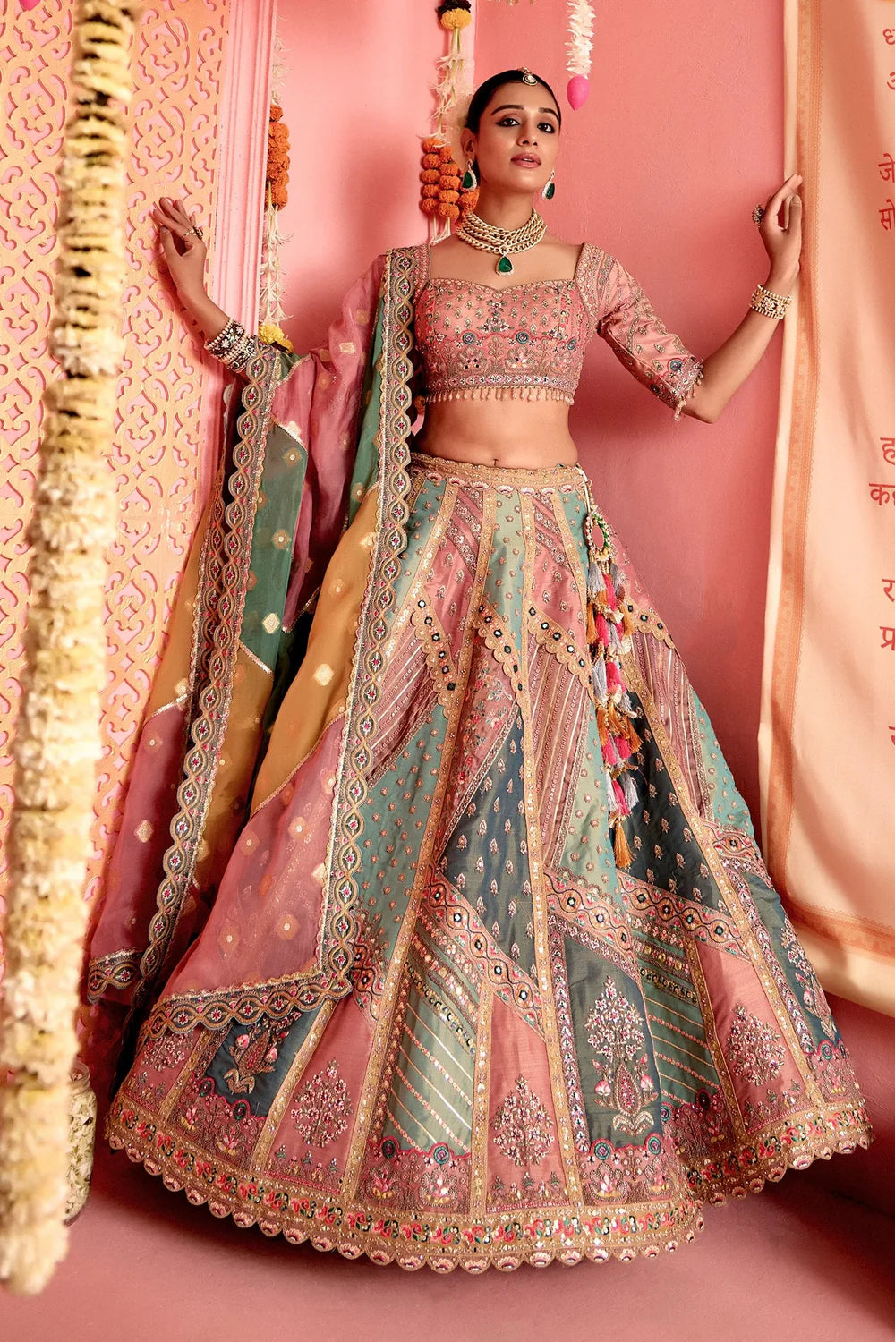 Multi Colored Tissue Designer Lehenga with Handcrafted Patch Work