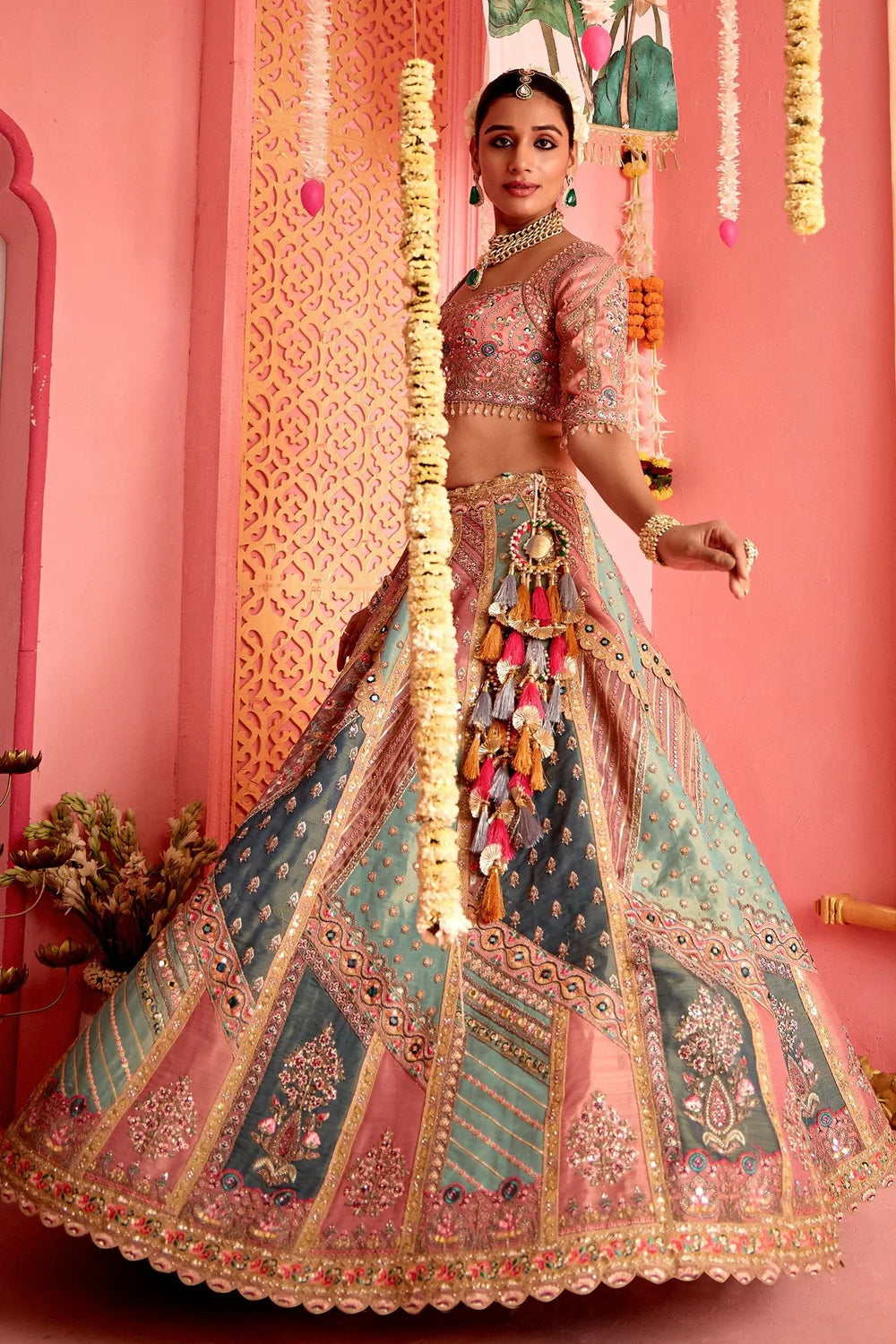 Multi Colored Tissue Designer Lehenga with Handcrafted Patch Work