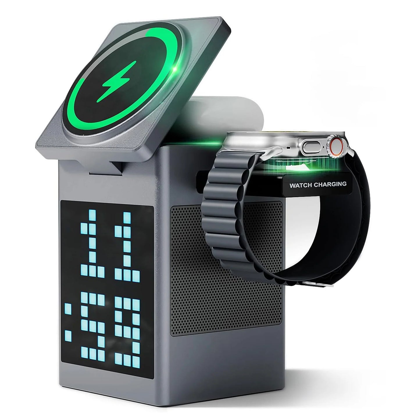 Smart Pixel Dock with Wireless Charger, Clock Function, and Speaker