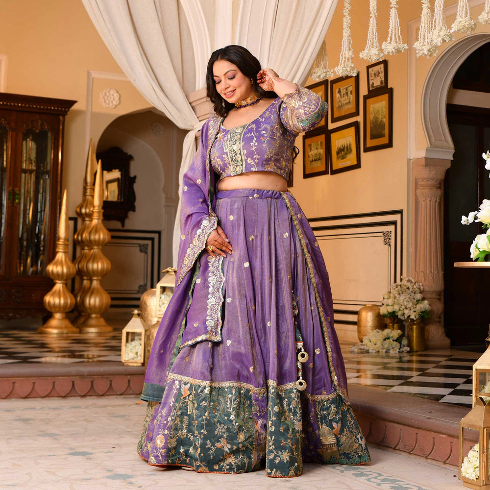 Premium Wisteria Purple Tissue Silk Lehenga with Sequin & Thread Detailing