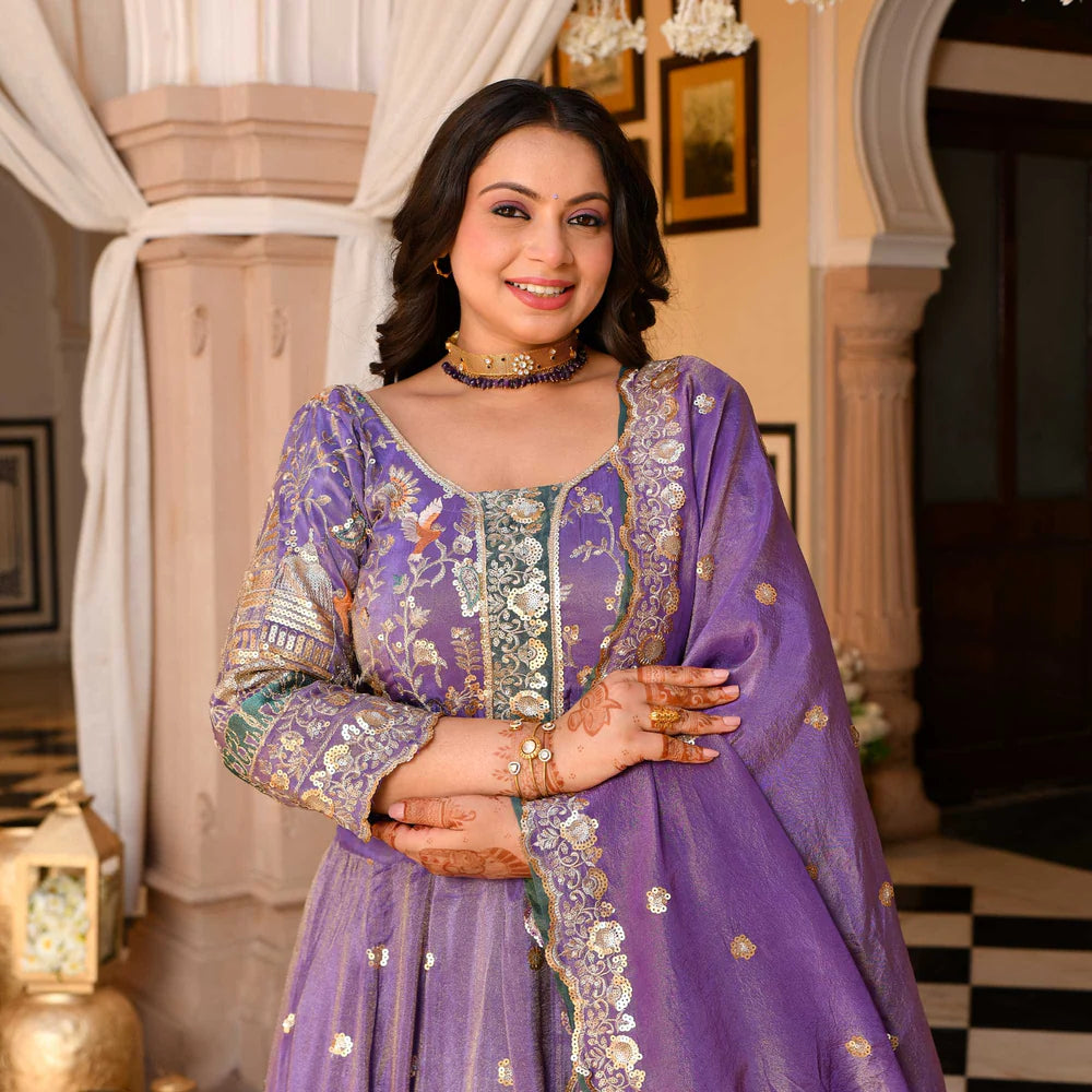 Premium Wisteria Purple Tissue Silk Lehenga with Sequin & Thread Detailing