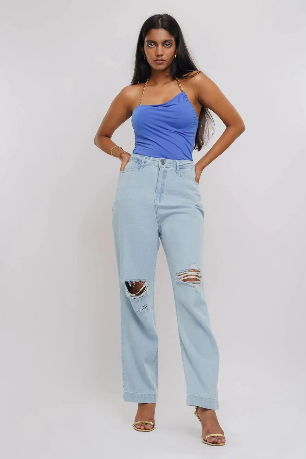 Distressed Ice Blue Straight Denim Jeans for Women with Comfortable Everyday Fit
