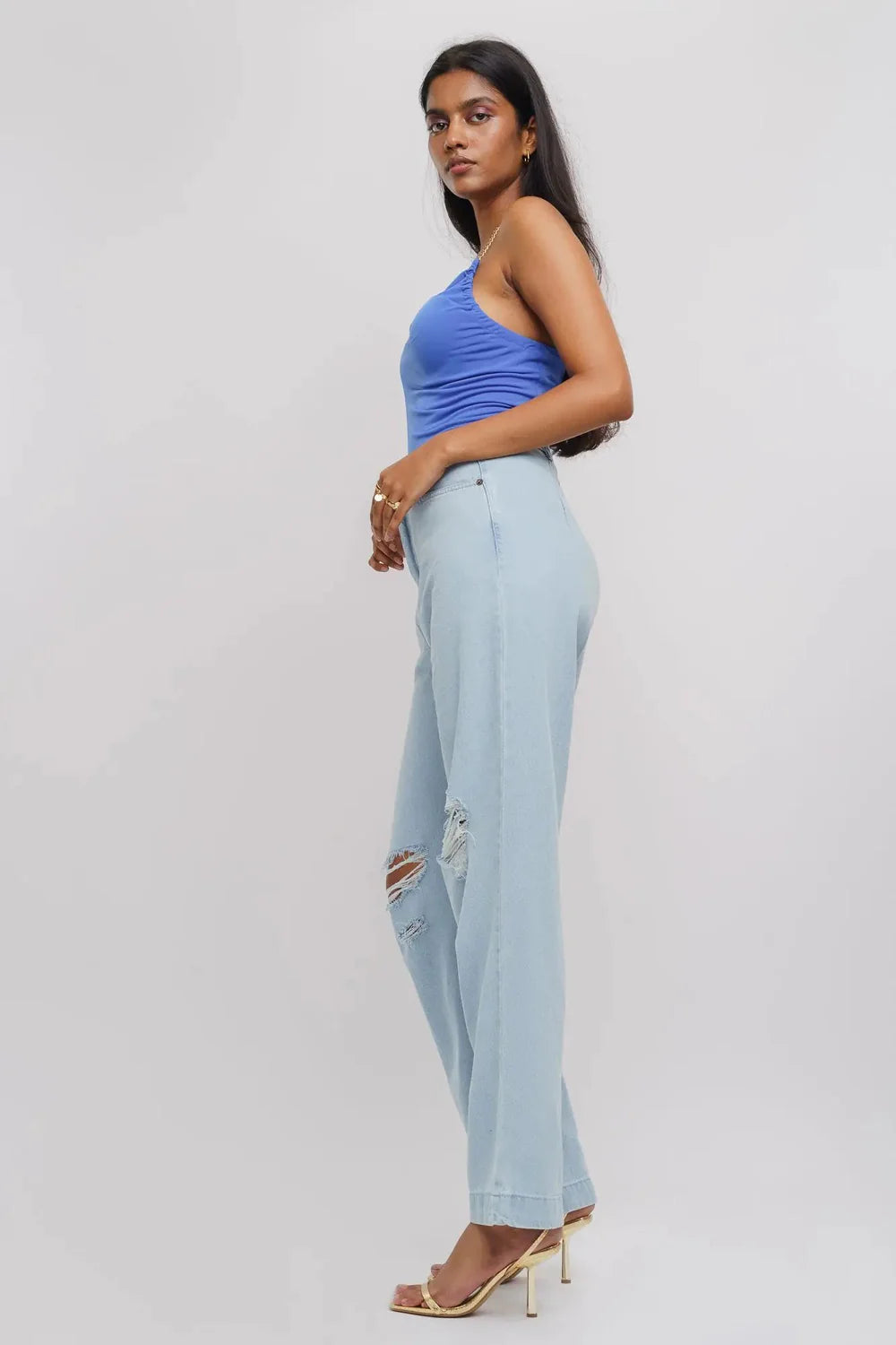 Distressed Ice Blue Straight Denim Jeans for Women with Comfortable Everyday Fit