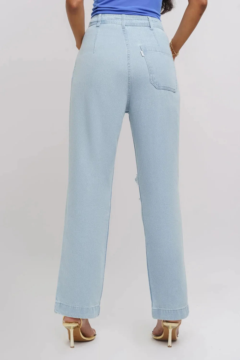 Distressed Ice Blue Straight Denim Jeans for Women with Comfortable Everyday Fit