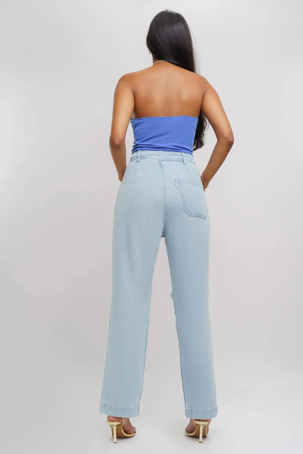 Distressed Ice Blue Straight Denim Jeans for Women with Comfortable Everyday Fit