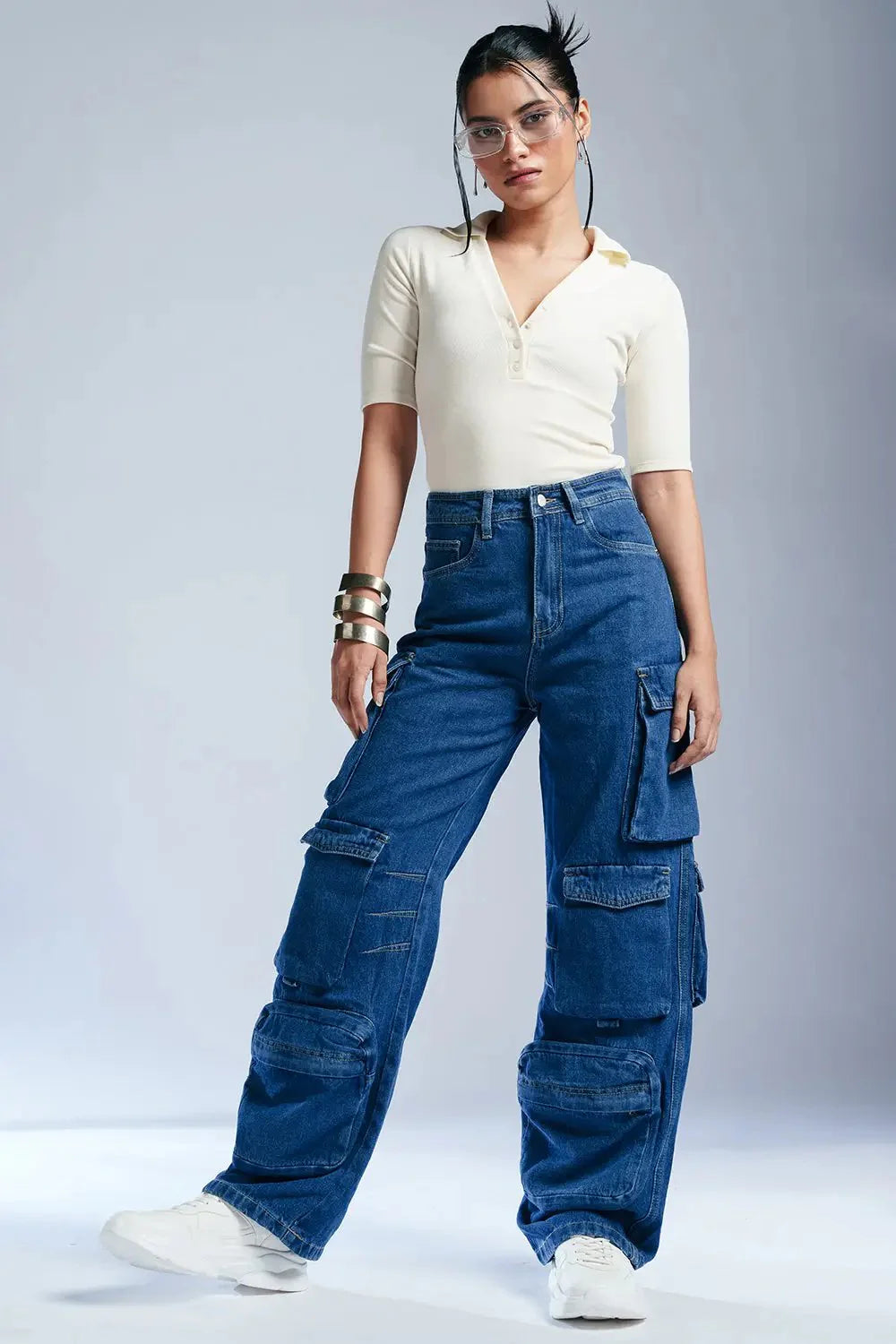 Relaxed Fit Women’s Indigo Baggy Straight Cargo Denim Jeans